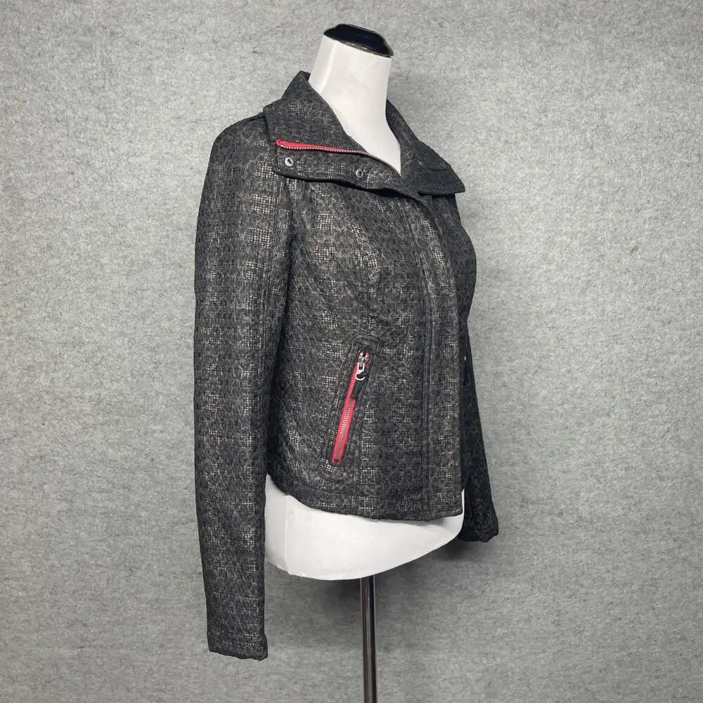 FP We The Free Moto Jacket Sz 4 Textured Tweed Grey Red Zip Edgy Biker Cool Girl
